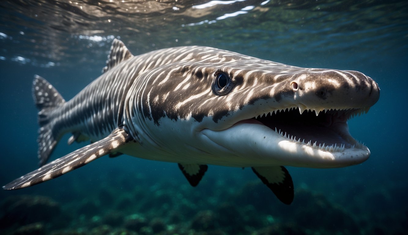 A sturgeon swims gracefully through the clear, deep waters, its long, sleek body covered in shiny, silver scales.

Its pointed snout and distinctive barbels give it a regal appearance as it glides effortlessly through the underwater world