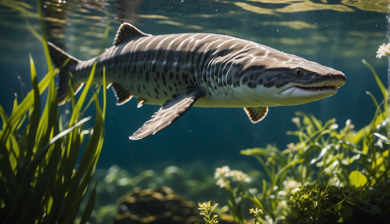 A sturgeon swims gracefully through a clear, flowing river, surrounded by aquatic plants and small fish.

Sunlight filters through the water, highlighting the sturgeon's distinctive armored scales and elegant, elongated body