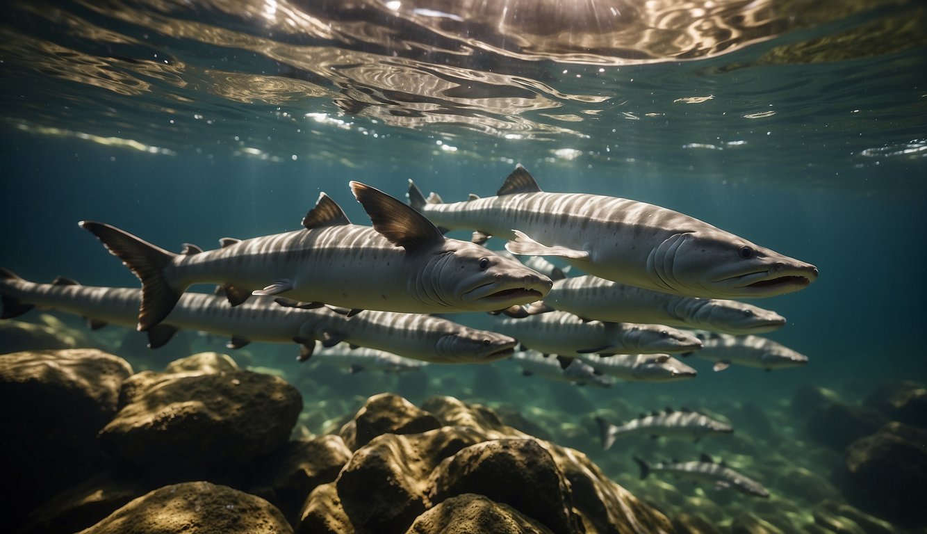 A group of sturgeon swim gracefully through a clear, flowing river, their armored bodies shimmering in the sunlight.

The majestic creatures move with purpose, showcasing their unique biology in their natural habitat
