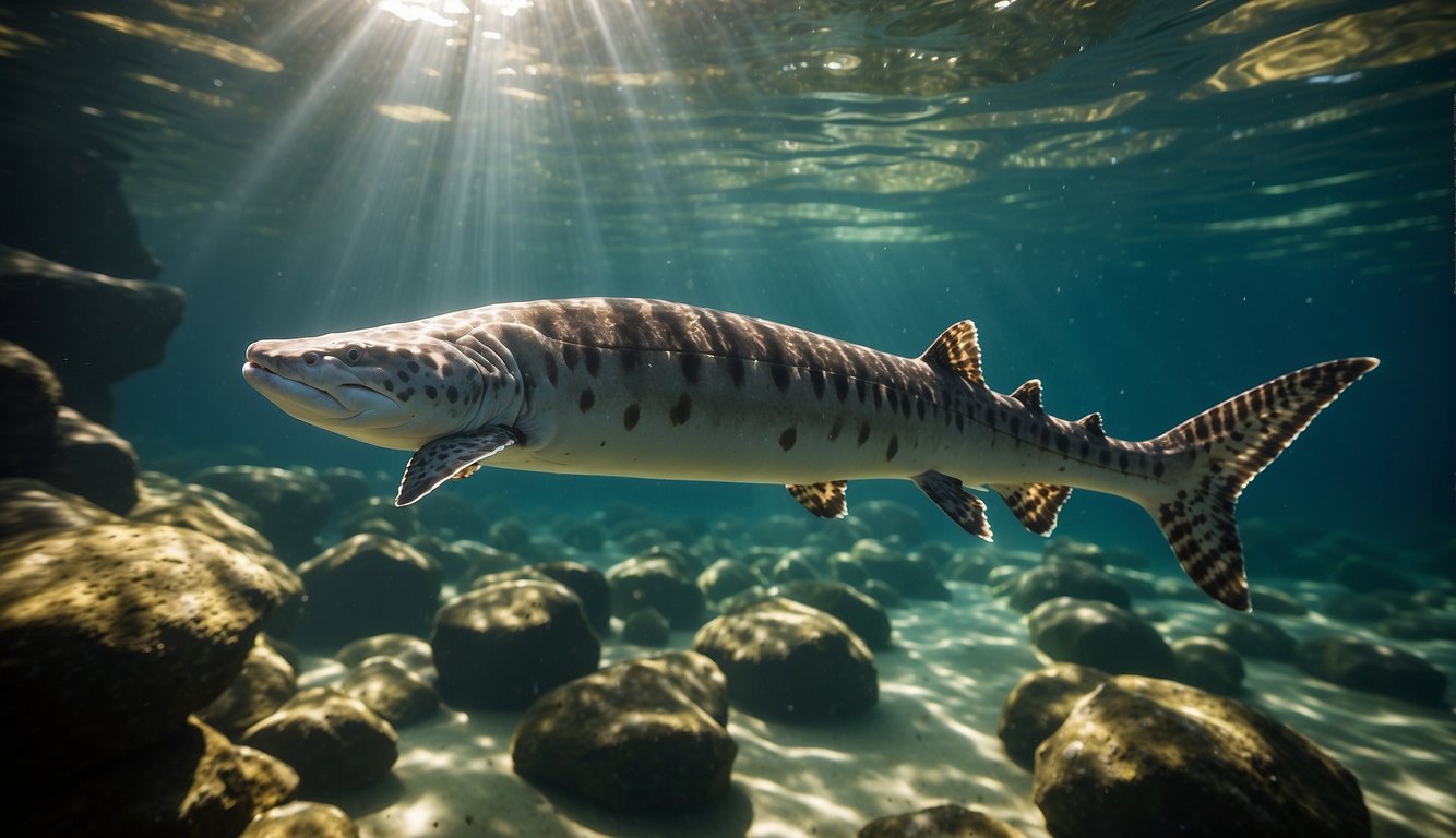 A group of sturgeon swim gracefully in a clear, deep river, their armored bodies glinting in the sunlight as they navigate the water with ease