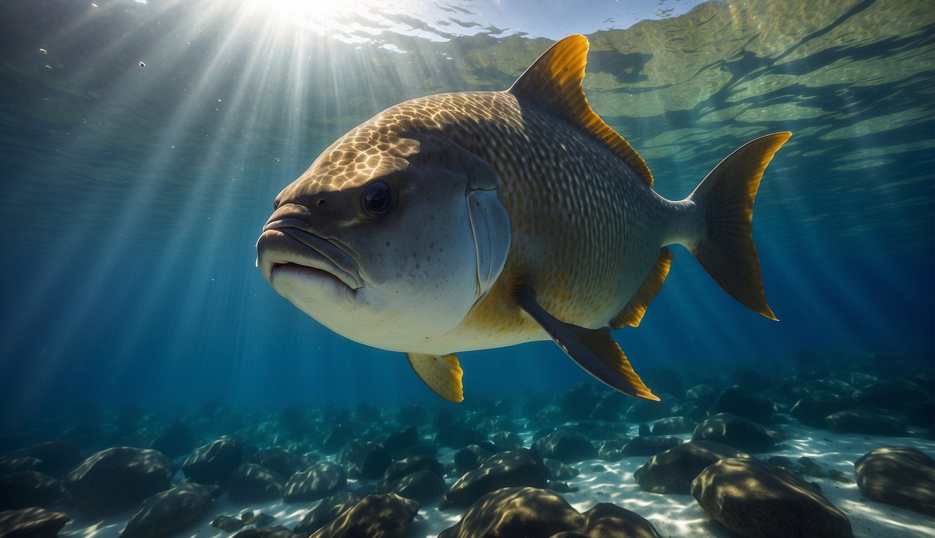 The massive sunfish glides through the clear blue waters, its large dorsal fin breaking the surface as it basks in the warm sunlight.

A school of small fish swims alongside, seeking protection in the shadow of the gentle giant