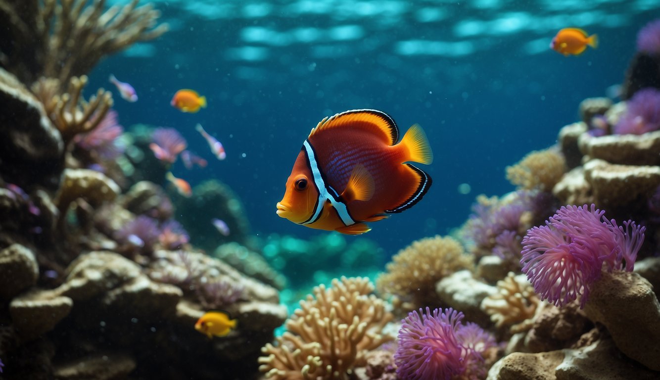 A vibrant coral reef, with a Mandarin fish hunting small prey among the colorful sea anemones and waving sea fans