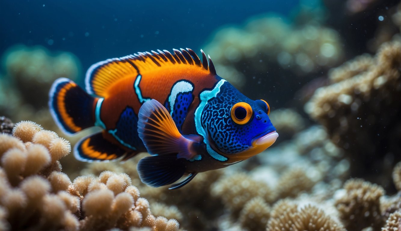 A mandarin fish lays eggs on a coral reef.

The eggs hatch, and the larvae drift into the open ocean, eventually growing into vibrant adult fish