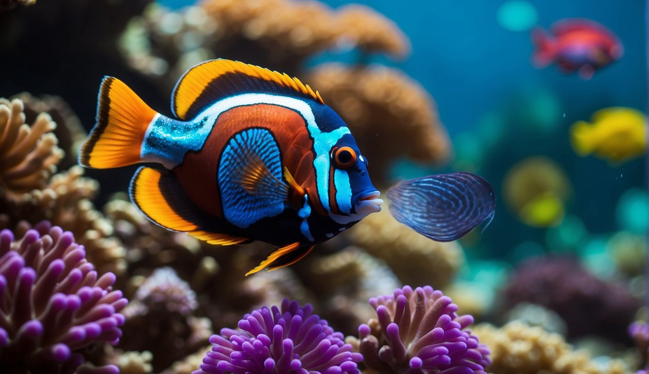 A vibrant coral reef teeming with colorful marine life, with a mesmerizing Mandarin fish swimming among the psychedelic backdrop of swirling patterns and bright hues