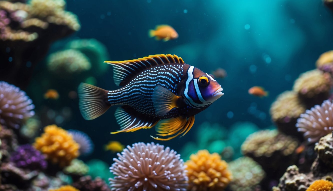 A vibrant underwater world with colorful coral, swirling patterns, and a mesmerizing mandarin fish swimming among the psychedelic scenery