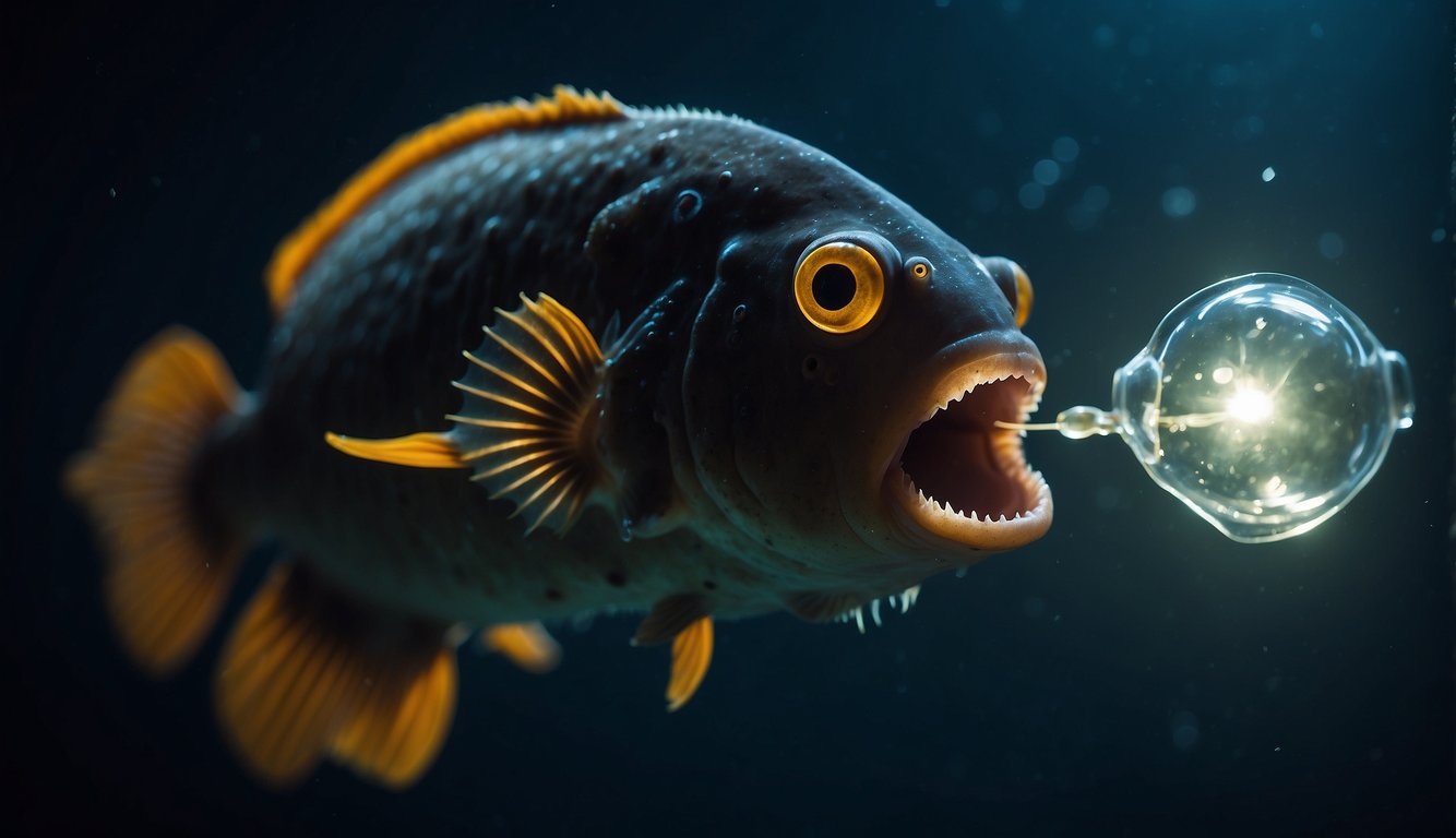 An anglerfish lures prey with its bioluminescent lure, illuminating the dark abyss.

Its large, sharp teeth are ready to snatch any unsuspecting victim