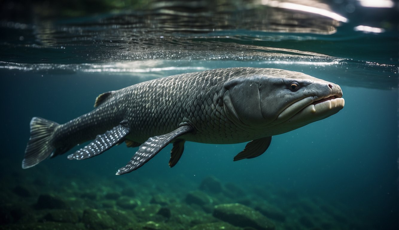 Arapaima breaches the Amazon's surface, revealing its unicorn-like horn, the distinctive narwhal of the river