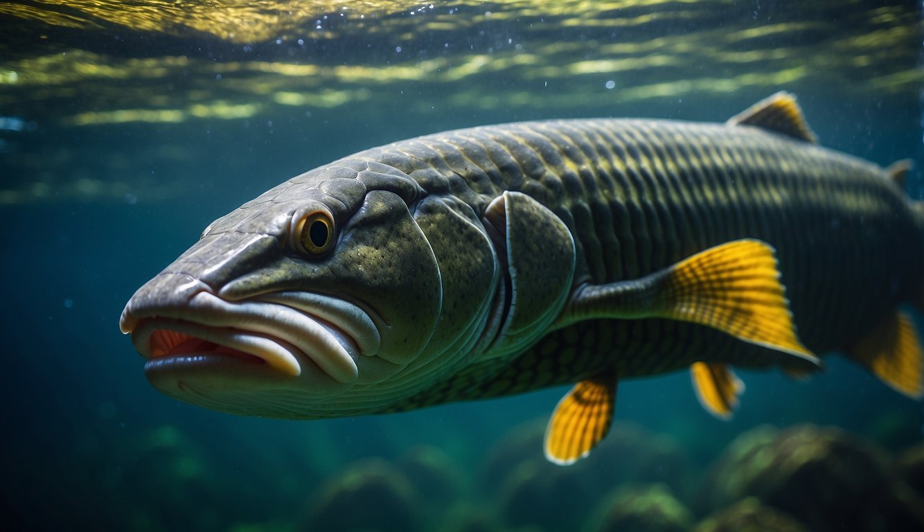 Arapaima swims gracefully through the murky waters of the Amazon, its long, spiral horn-like appendage breaking the surface, glistening in the sunlight