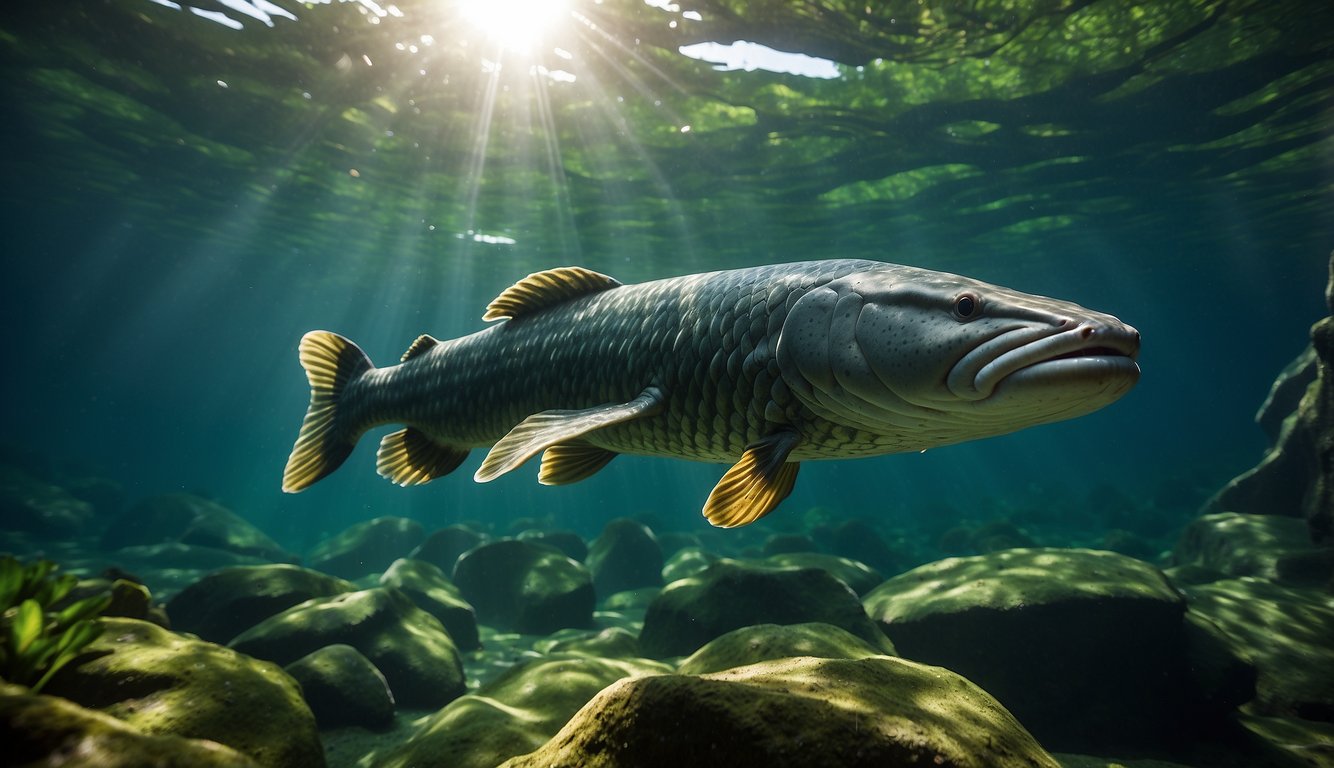 Arapaima swims gracefully through lush, underwater rainforest, its massive body glinting in dappled sunlight.

The narwhal of the Amazon, with its distinctive elongated snout, moves with serene power