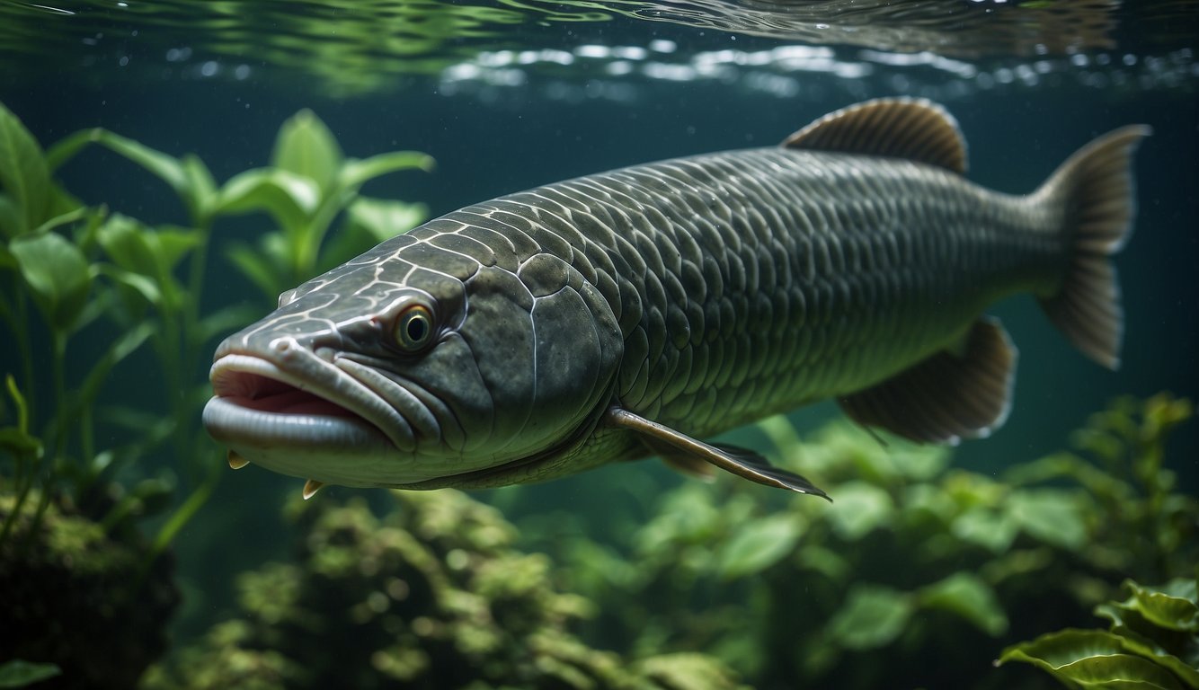 Arapaima swims gracefully through lush underwater vegetation, its long, spiraled horn glinting in the dappled sunlight filtering through the Amazon river