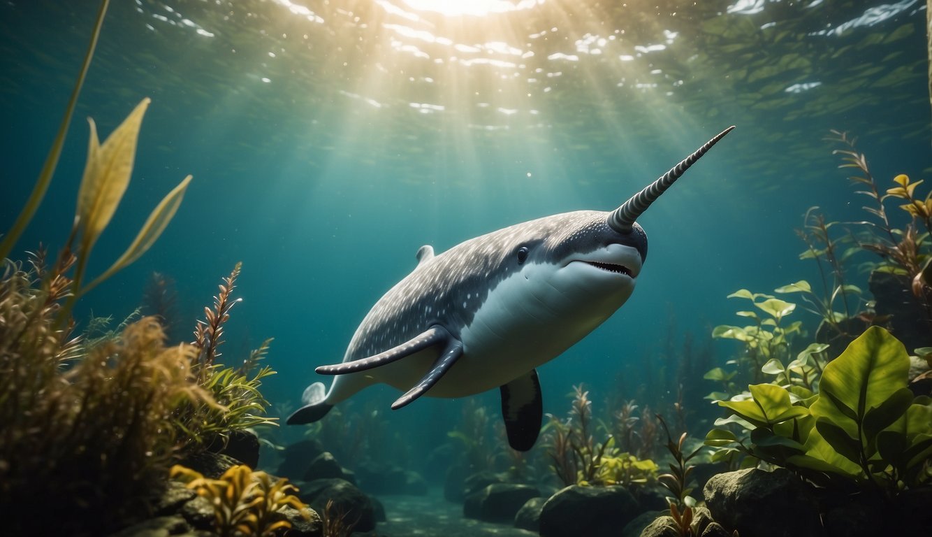 A majestic narwhal swims gracefully through the crystal-clear waters of the Amazon River, surrounded by vibrant aquatic plants and curious fish