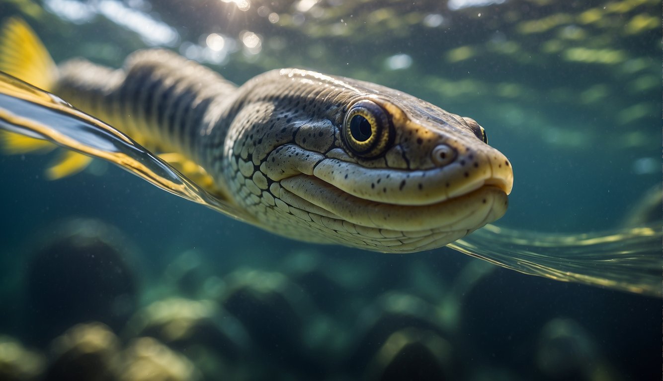 An eel swims through a twisting river, transitioning from freshwater to saltwater.

Sunlight filters through the rippling surface, casting dappled patterns on the eel's sleek, sinuous body