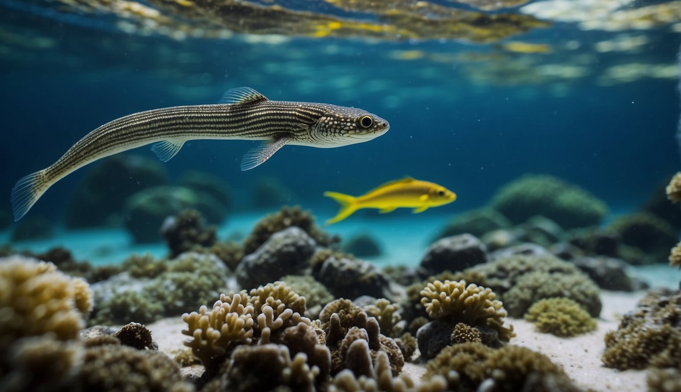 A variety of eel species swim gracefully between fresh and salt water, showcasing their unique shapes and sizes.

The underwater landscape is teeming with life, as the eels navigate through vibrant coral reefs and swaying seaweed