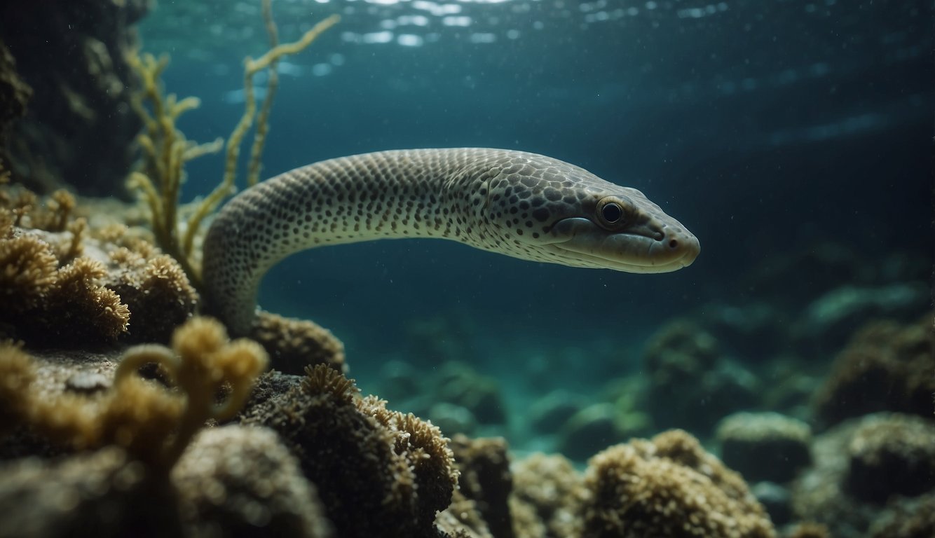 A sinuous eel winds its way through a winding river, transitioning between freshwater and saltwater environments.

The water is teeming with life as the eel navigates its mysterious journey