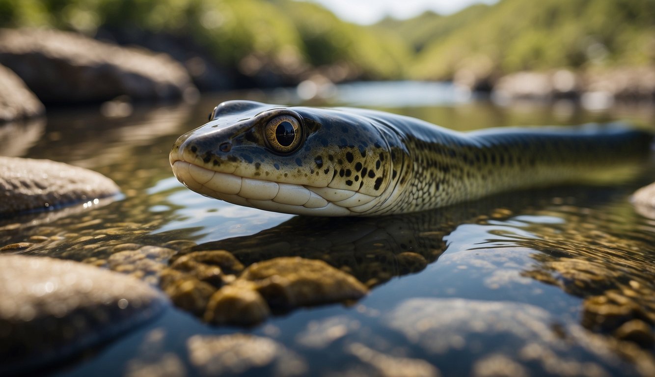 The eel swims through a winding river, transitioning between freshwater and saltwater habitats.

It navigates through rocks and vegetation, symbolizing the challenges of its journey