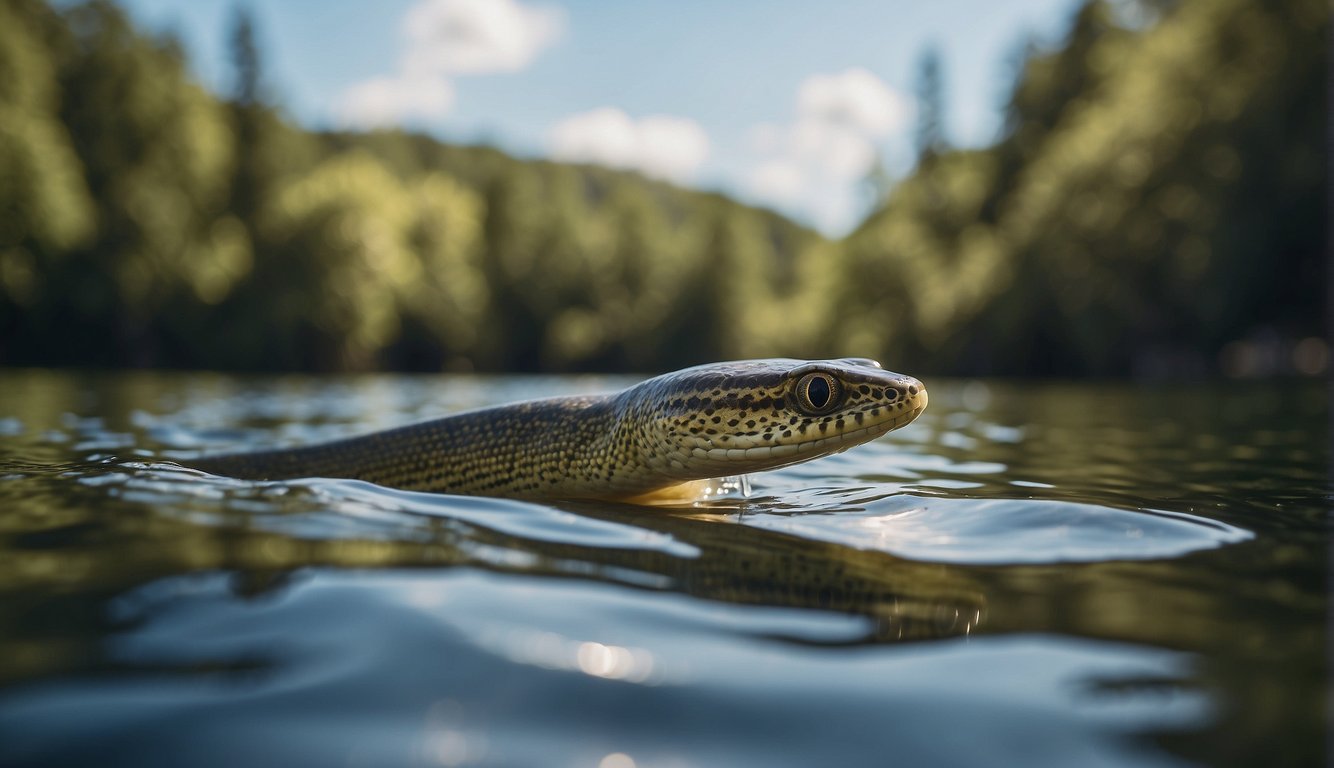 An eel slithers through a winding river, transitioning from freshwater to saltwater.

The water shimmers with reflections of the surrounding trees and sky