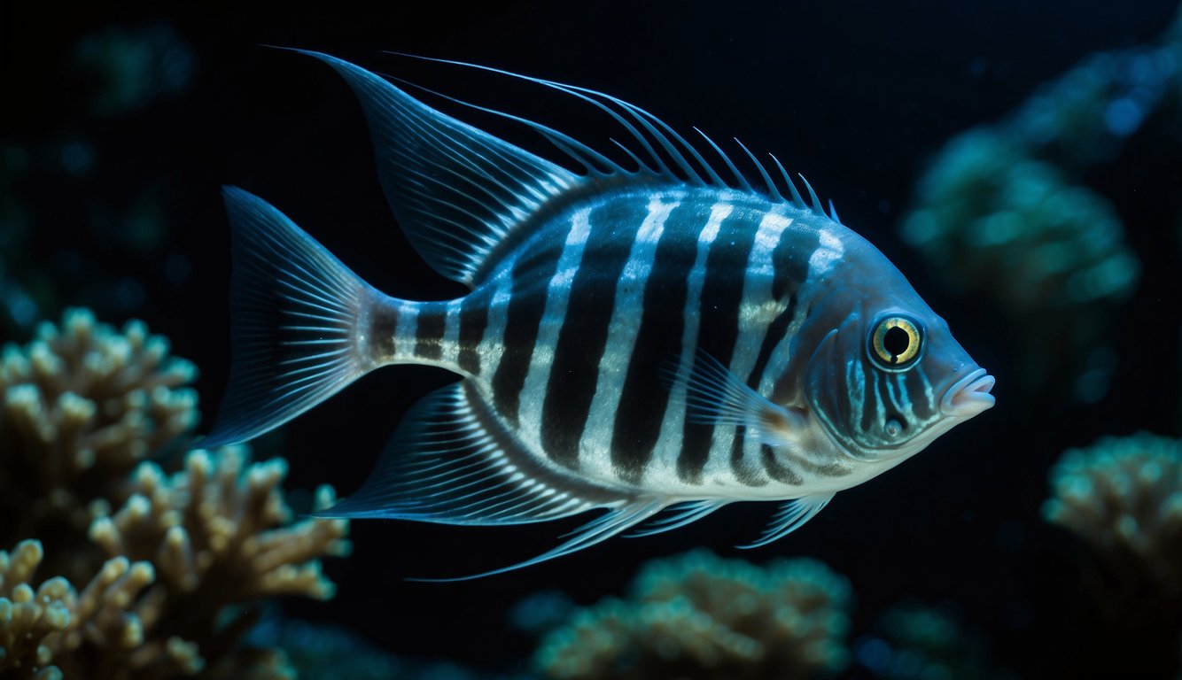The hatchetfish swims in the dark ocean, emitting a soft blue glow from its belly, illuminating the surrounding water with a mesmerizing display of bioluminescence