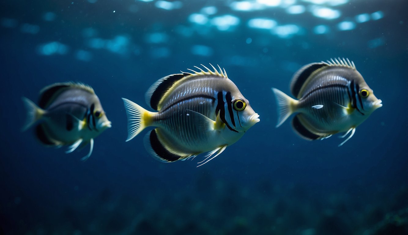 A school of hatchetfish glows in the dark ocean depths, emitting a soft blue light as they swim gracefully through the water