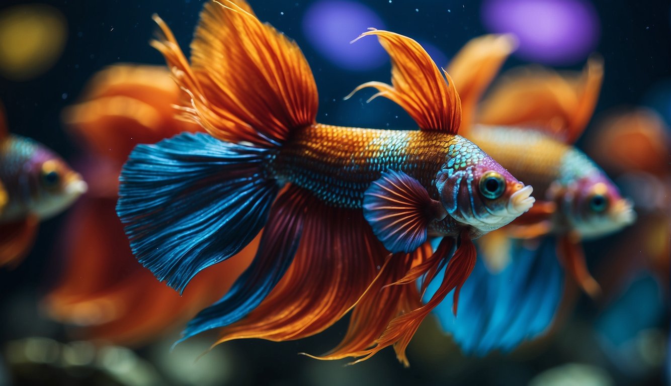 A vibrant array of betta fish swim in a kaleidoscope of colors, their iridescent scales shimmering under the water's surface.

Each fish displays a unique combination of hues, creating a dazzling spectrum that captivates the eye