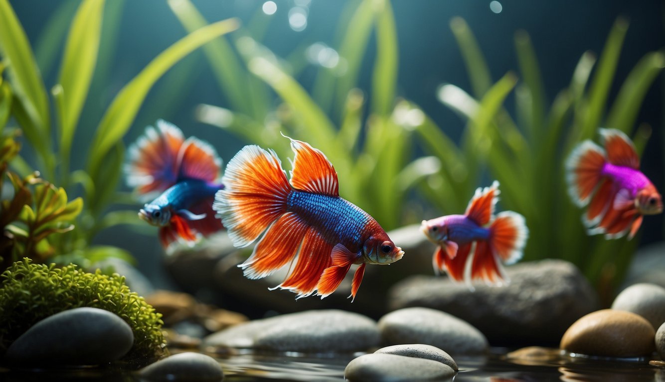 A group of colorful betta fish swim gracefully among vibrant aquatic plants and rocks in a crystal-clear freshwater stream.

The sunlight filters through the water, creating a mesmerizing display of rainbow hues