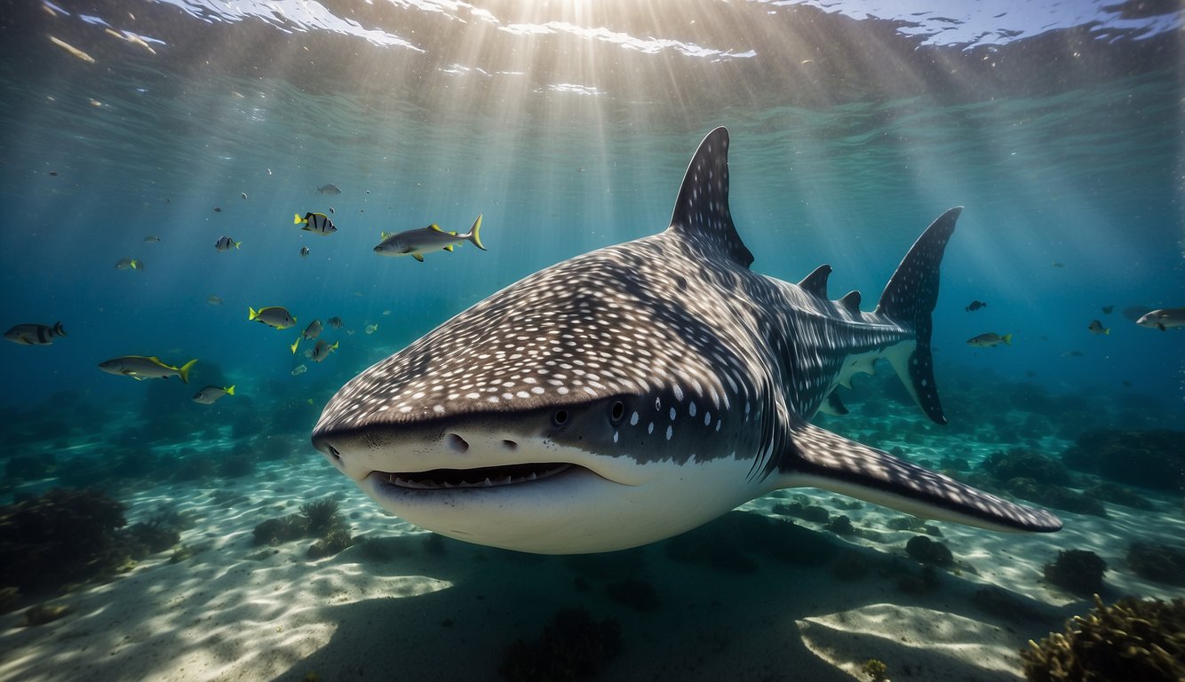 A massive whale shark glides through crystal-clear waters, surrounded by a school of vibrant fish.

Sunlight filters down from the surface, illuminating the gentle giant as it peacefully swims through its mysterious underwater world
