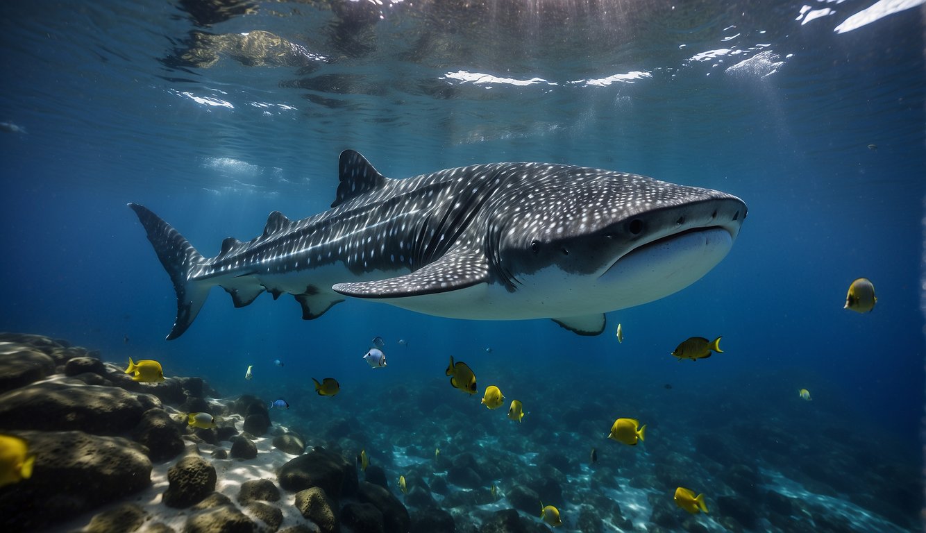 Whale sharks swim gracefully through clear blue waters, surrounded by schools of colorful fish.

They migrate through warm ocean currents, their massive bodies moving effortlessly through the depths