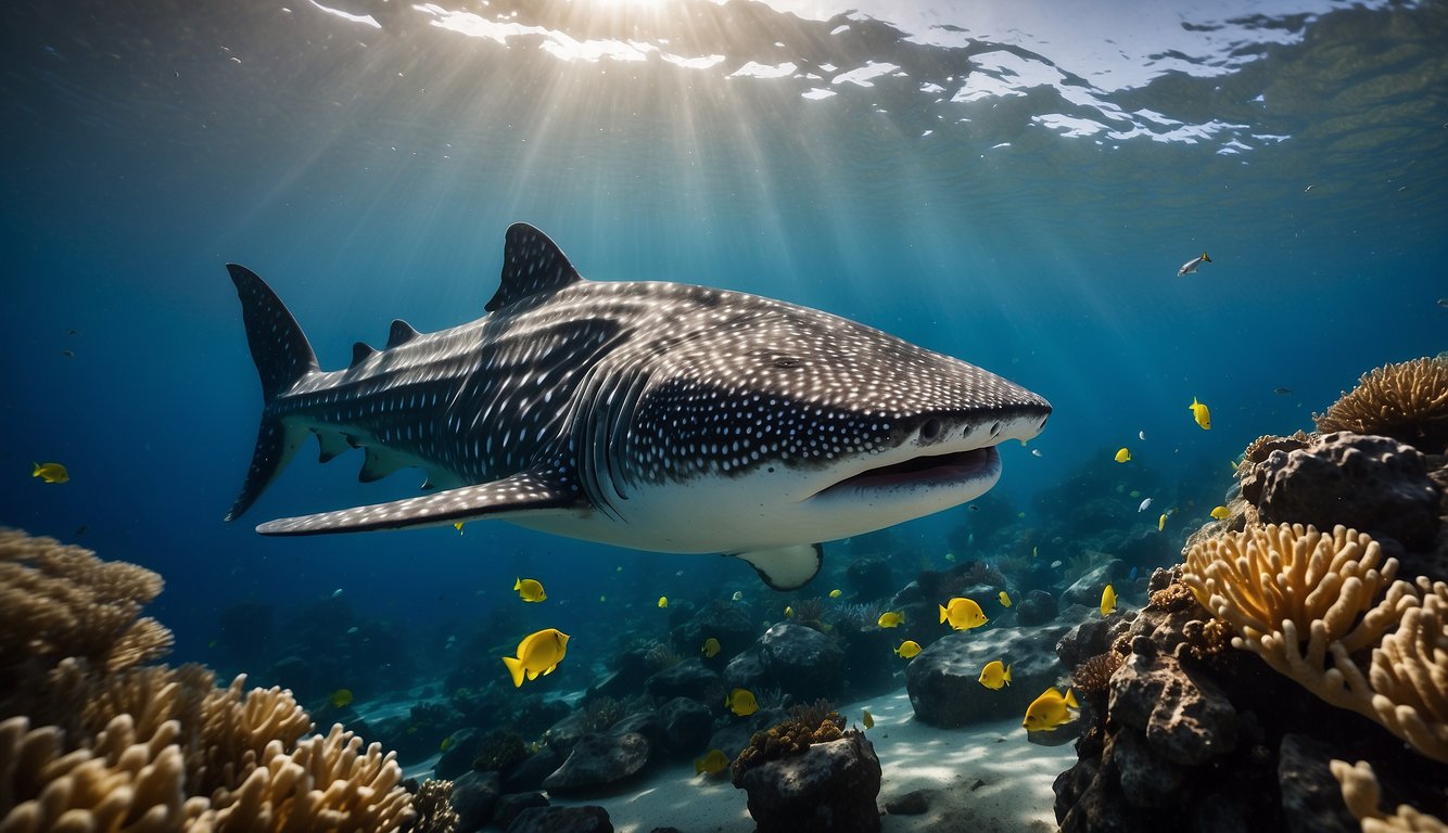 A whale shark gracefully swims through a vibrant coral reef, its massive mouth open as it filters small fish and plankton from the water