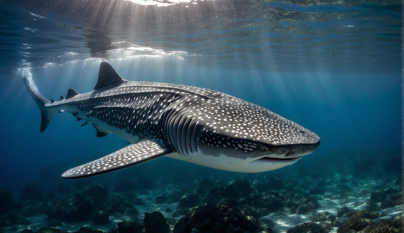 A whale shark glides through crystal-clear waters, surrounded by a diverse array of marine life.

The majestic creature exudes a sense of calm and grace, embodying the beauty of the ocean's delicate ecosystem