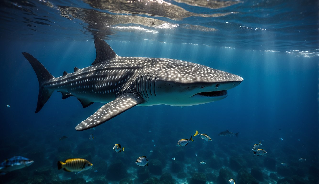 A whale shark glides through clear blue waters, surrounded by a school of colorful fish.

Sunlight filters down from the surface, illuminating the majestic creature's spotted skin