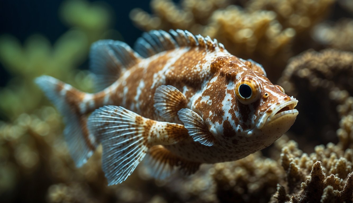 A leaf scorpionfish blends seamlessly with its surroundings, its intricate pattern and coloration making it nearly invisible to the untrained eye