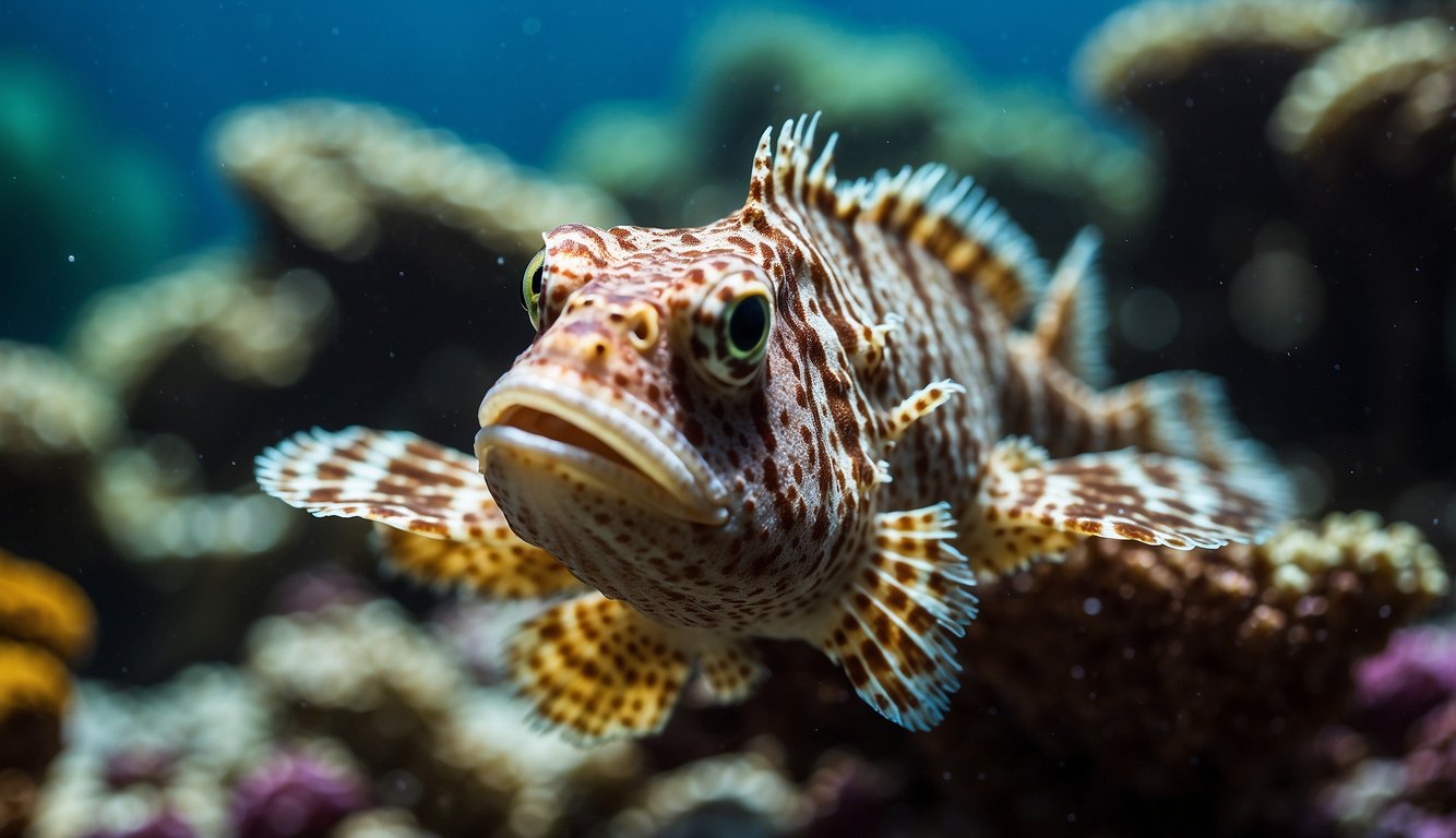 A leaf scorpionfish blends seamlessly into its coral reef surroundings, its vibrant colors and intricate patterns making it nearly invisible to the untrained eye