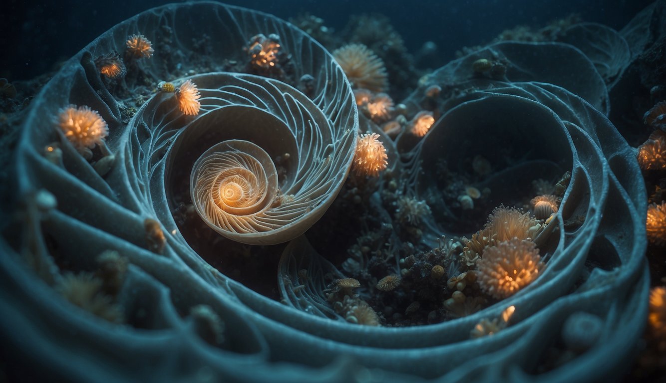 A nautilus drifts through a labyrinth of swirling currents, surrounded by bioluminescent creatures and intricate coral formations