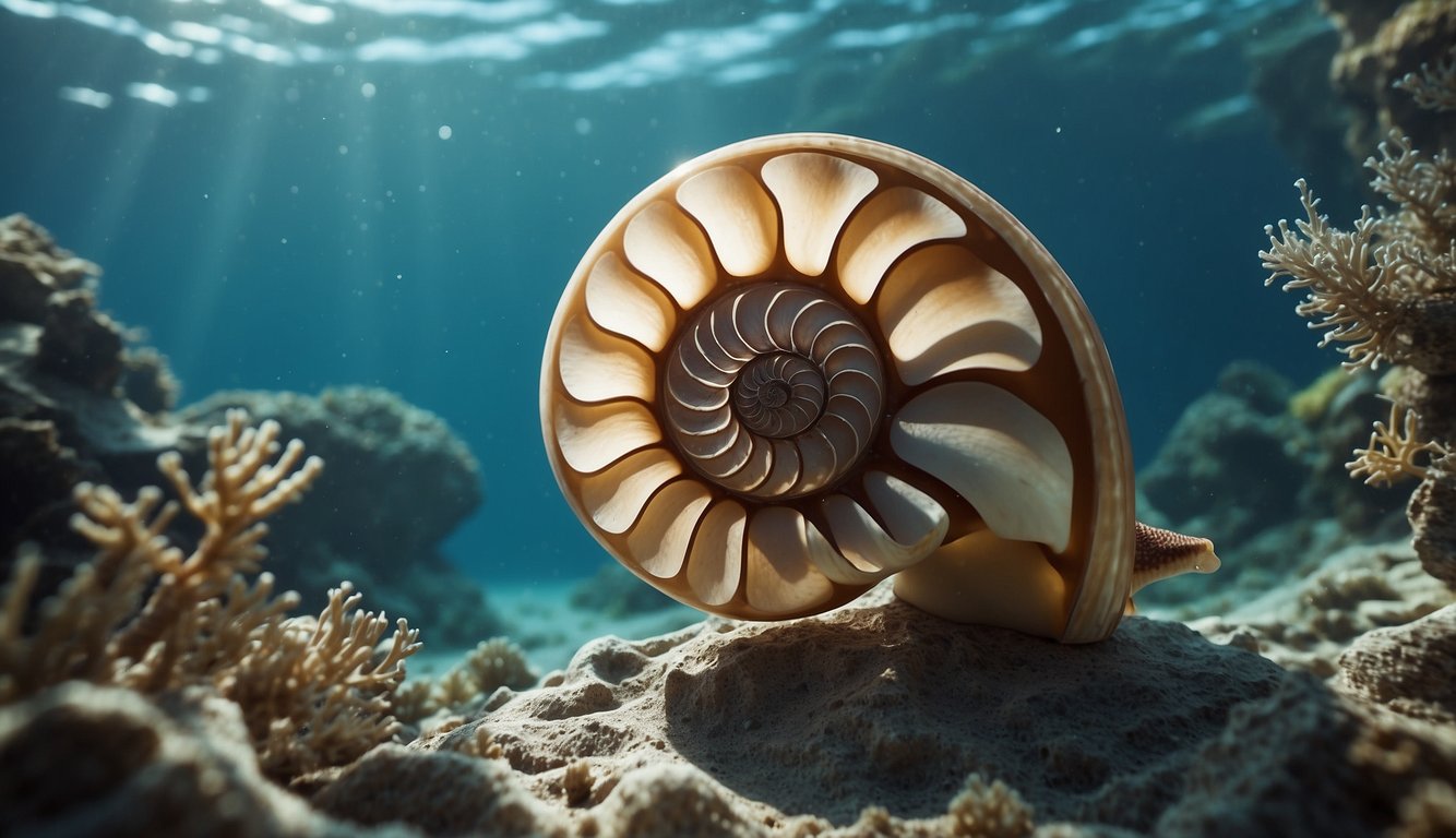 A nautilus gracefully glides through the crystal-clear waters, its spiral shell glistening in the sunlight.

It moves with purpose, its tentacles reaching out to explore its underwater world