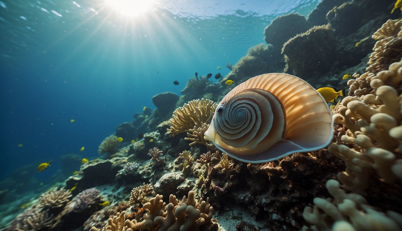 The nautilus gracefully swims through coral reefs, its spiral shell glinting in the sunlight.

But lurking dangers, like discarded fishing nets, pose a threat to its delicate existence