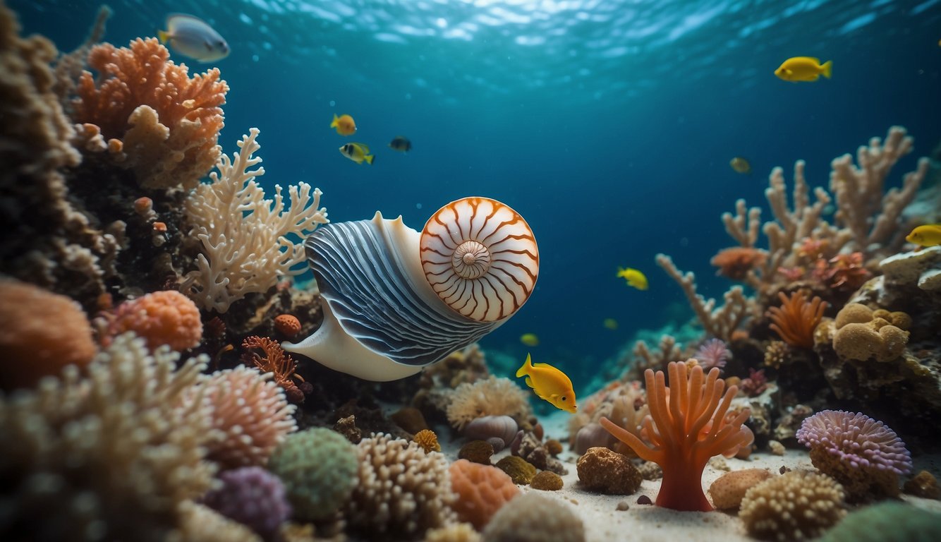 A nautilus shell rests on a bed of colorful coral, surrounded by gently swaying seaweed and small fish darting in and out of the scene