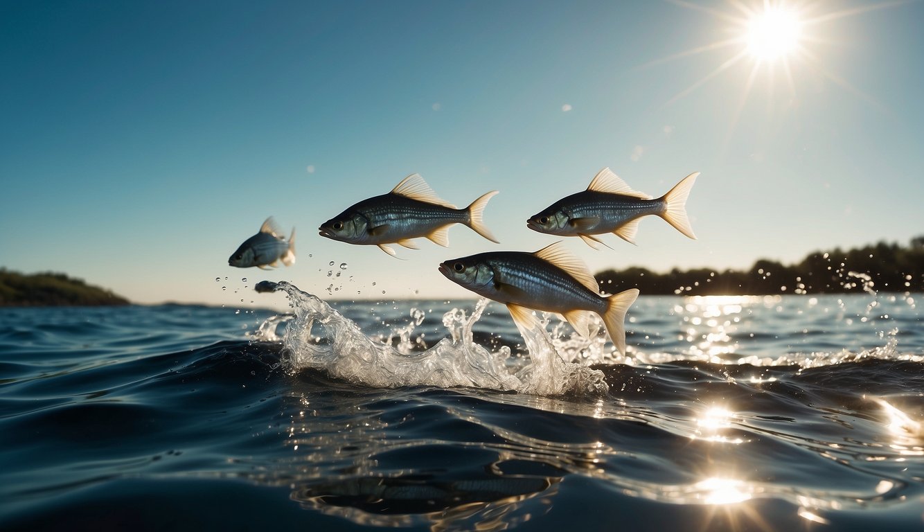 A school of flying fish leaps from the water, their sleek bodies glinting in the sunlight as they soar through the air, propelled by their powerful fins