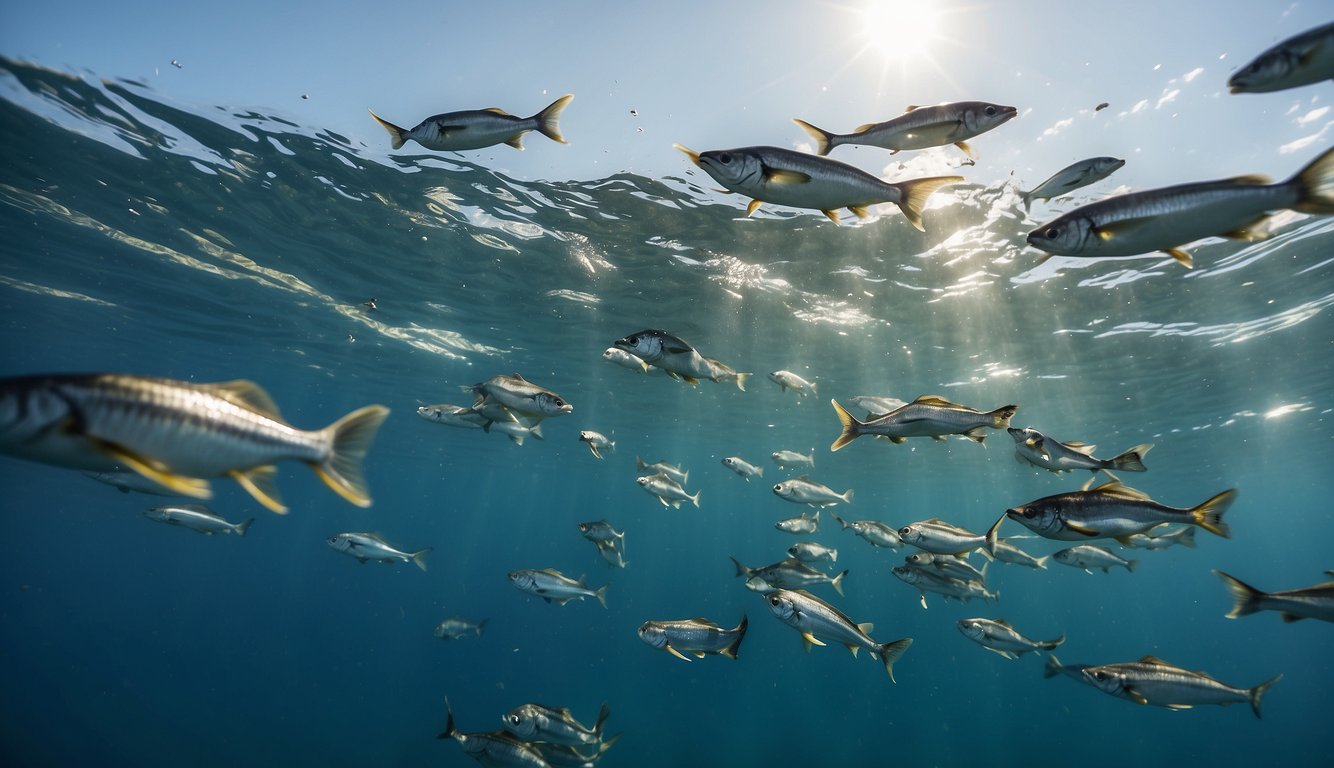 A school of flying fish leaps from the ocean, gliding through the air to escape predators.

They soar gracefully, their sleek bodies glistening in the sunlight, before diving back into the safety of the water