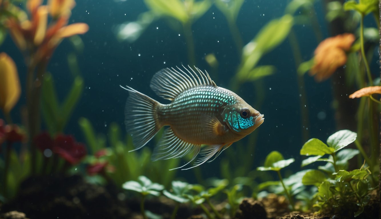 A colorful gourami swims through a maze of aquatic plants, its iridescent scales shimmering in the dappled sunlight filtering through the water