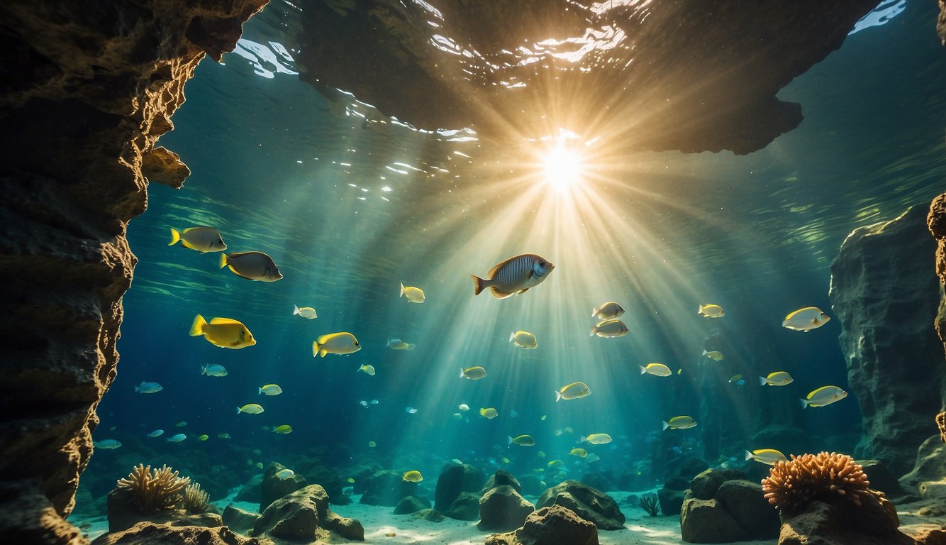 A school of gouramis swimming in a labyrinth of underwater caves, surrounded by colorful coral and vibrant sea plants.

Rays of sunlight filter through the water, casting a mesmerizing glow on the scene
