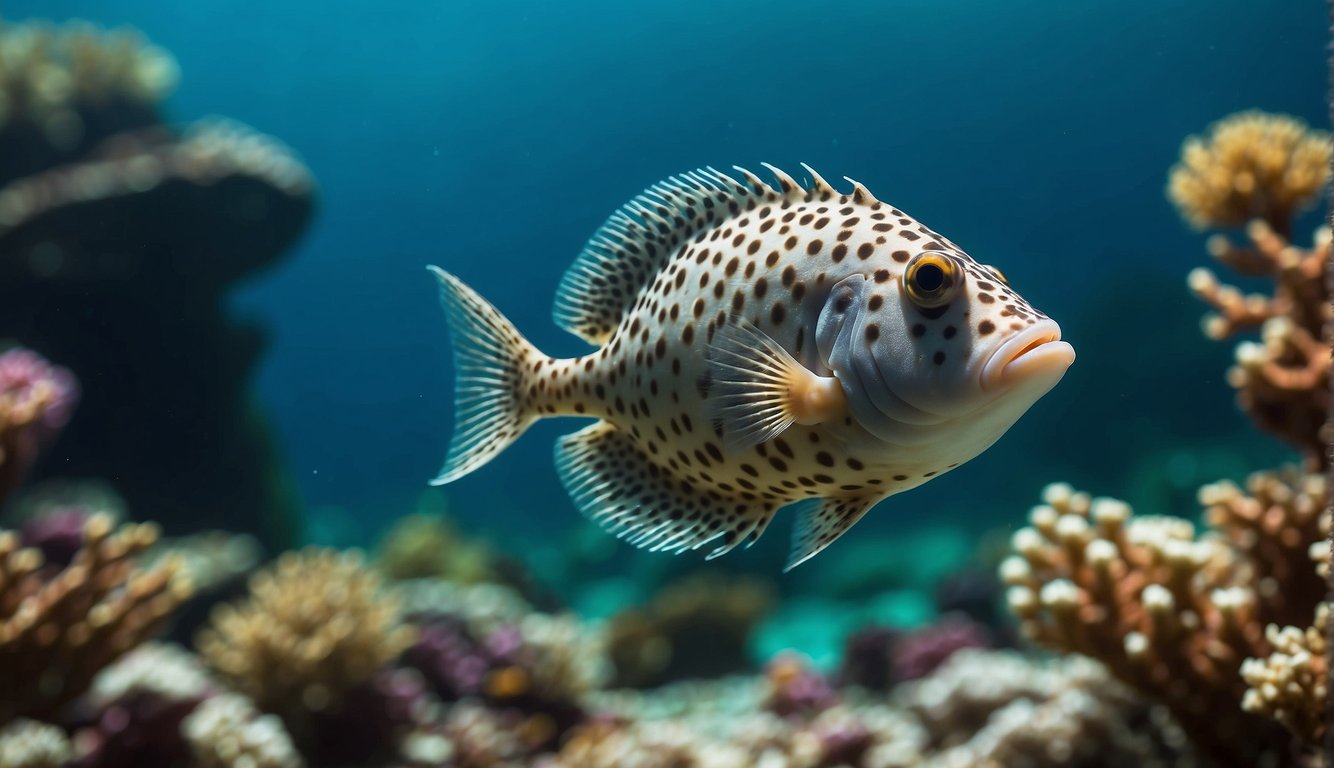 An armor-plated box fish glides gracefully through a vibrant coral reef, its angular and bony plates shimmering in the dappled sunlight