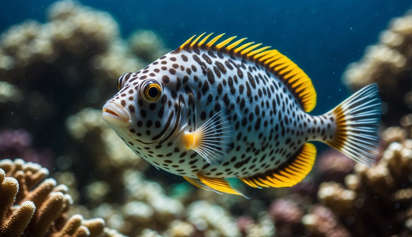 A box fish swims gracefully among coral, its angular, armor-plated body shimmering in the clear water.

The unique shape and pattern of its scales create a striking visual display
