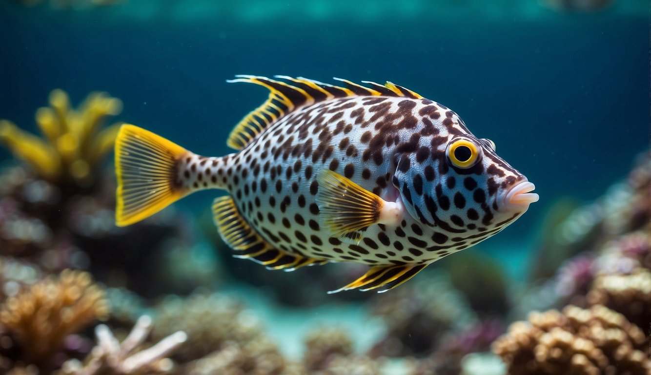 The armor-plated box fish swims gracefully among the vibrant coral, its unique hexagonal body and striking colors catching the light.

It moves with purpose, foraging for food and patrolling its territory with a regal air