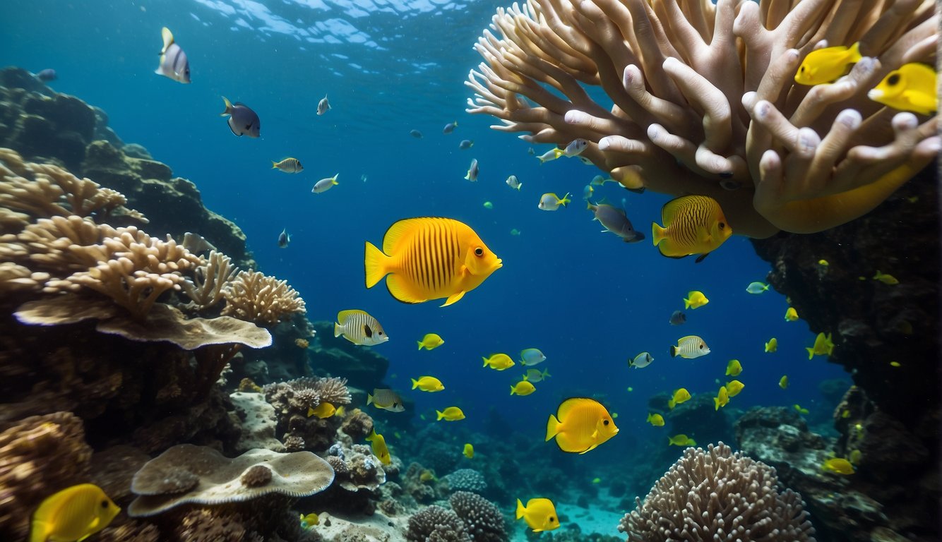 A school of colorful fish swims around a coral reef, while an armor-plated boxfish stands out with its unique shape and pattern.

The reef is teeming with life, but also faces threats from pollution and overfishing