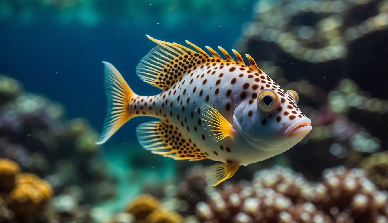 The armor-plated box fish swims gracefully through a vibrant coral reef, its unique triangular-shaped body and intricate patterns catching the sunlight.

Anemones sway in the gentle current as the fish navigates through the colorful underwater landscape