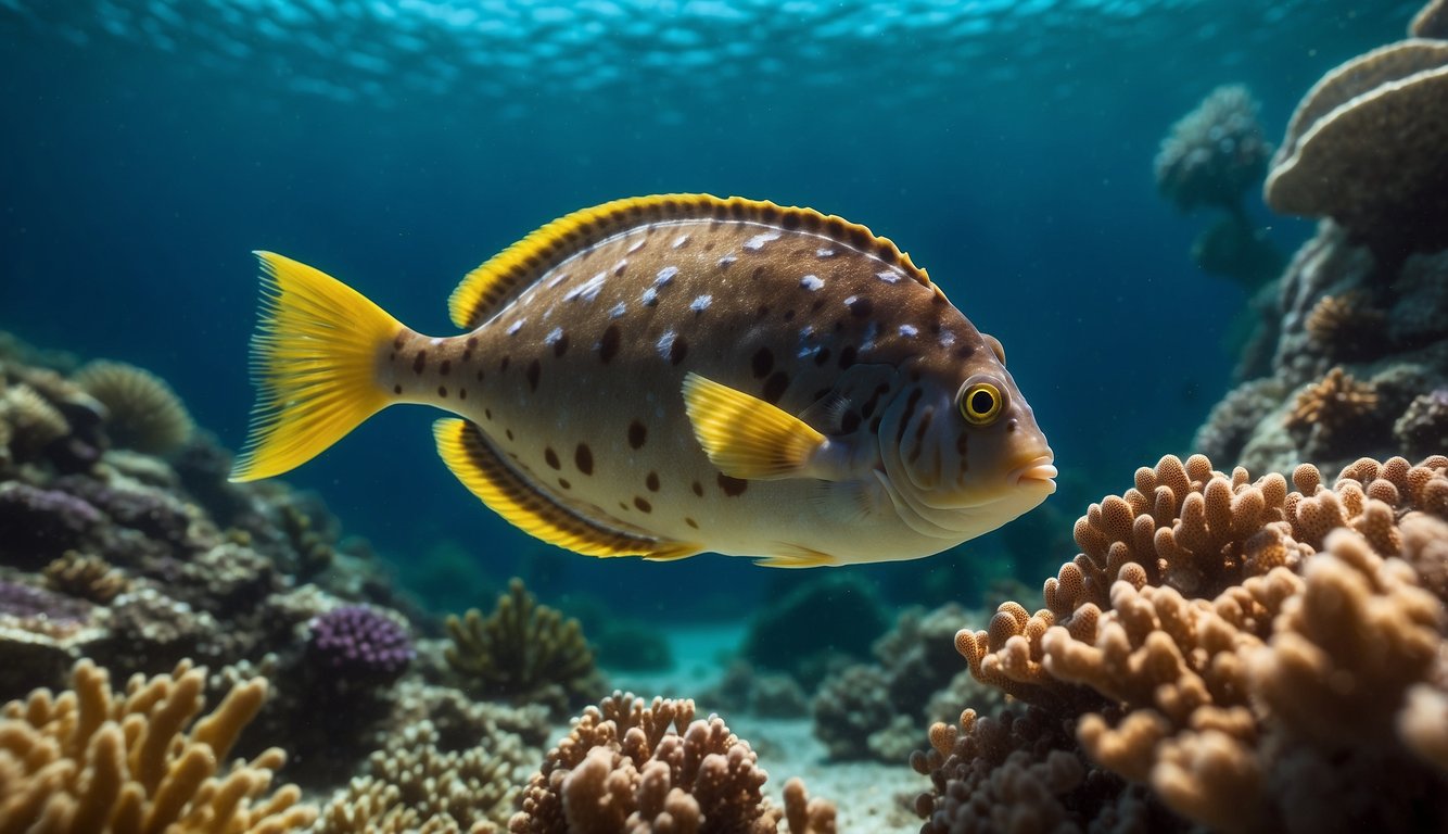 A flounder swims in a mesmerizing underwater landscape, surrounded by vibrant coral reefs and colorful sea creatures, showcasing the paradoxical beauty of its world