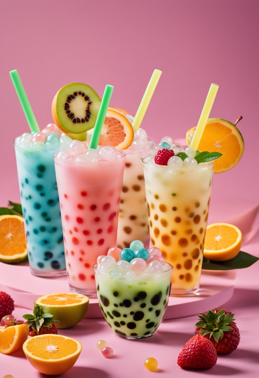 A colorful cup of bubble tea with tapioca pearls and a wide straw, surrounded by vibrant fruit flavors and swirling patterns