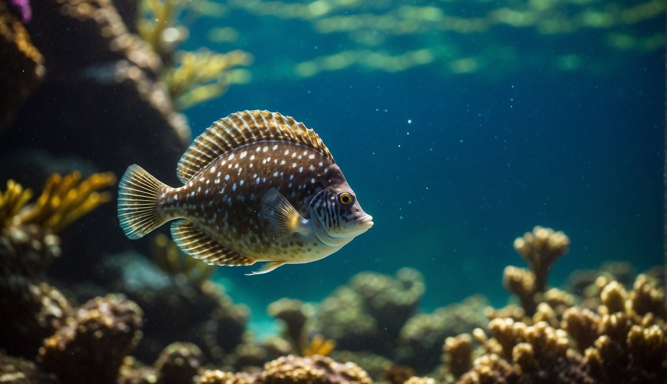 A flounder swims gracefully in the depths, its iridescent scales shimmering in the dappled sunlight filtering through the water.

A school of smaller fish dart around, creating a mesmerizing display of movement and color