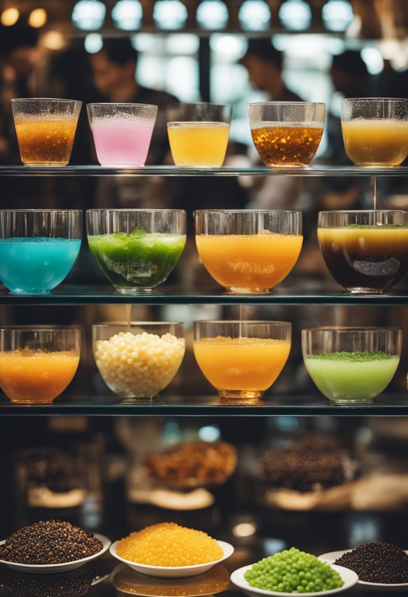 A colorful tea shop with various flavored teas and tapioca pearls, customers sipping from large, translucent cups with wide straws