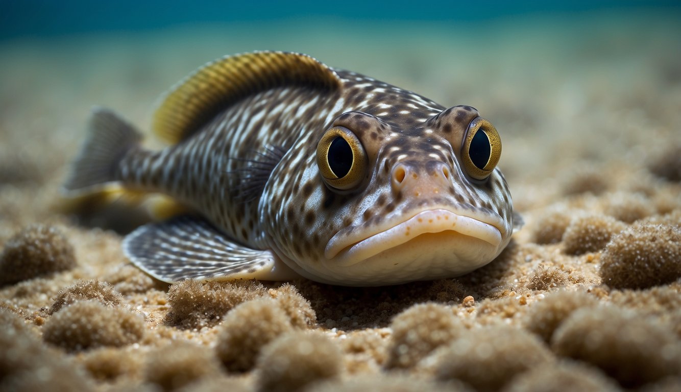 A flounder camouflaged against a sandy ocean floor, blending seamlessly with its surroundings.

Its eyes are positioned on one side of its body, scanning for prey while remaining hidden from predators