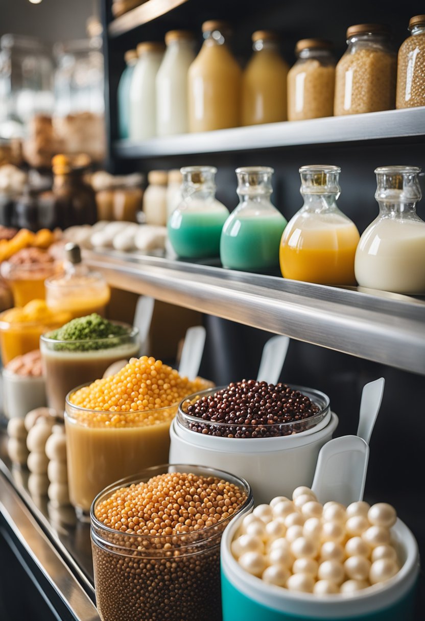 A colorful array of tapioca pearls, flavored syrups, and milk teas line the counter, showcasing the variety of ingredients and flavors used to create bubble tea